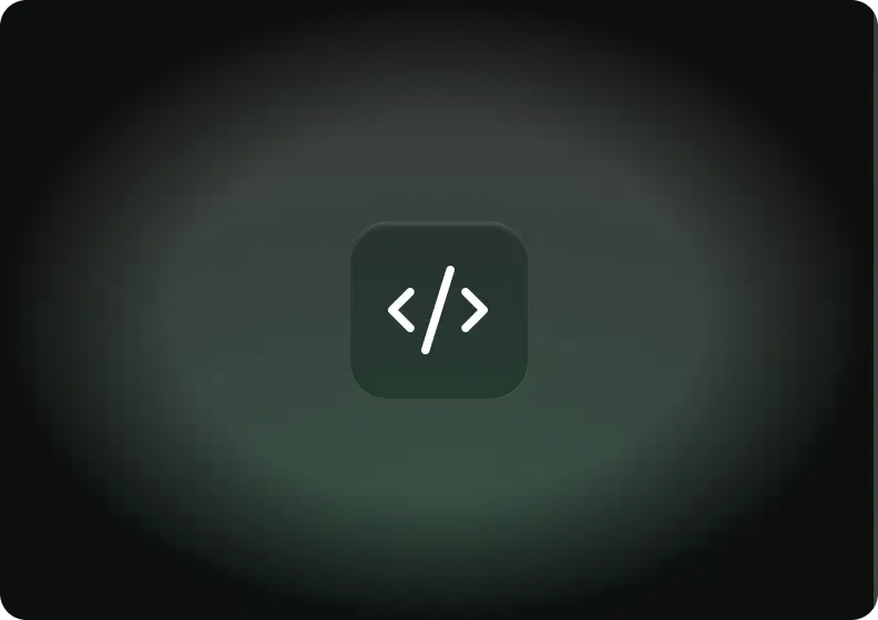 A code icon floating on a black background.